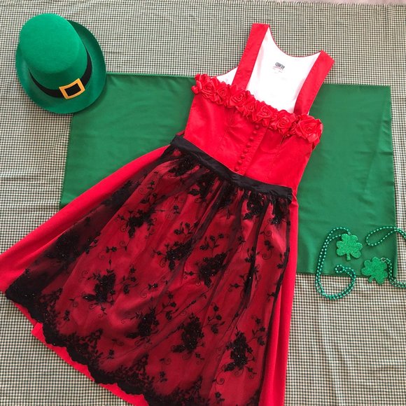 Vintage Dresses & Skirts - Country Line Red Roses Black Beaded Lace Dirndl